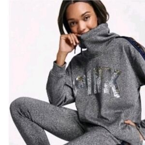 PINK VS Gray Shimmer Rainbow 🌈 Logo Flip Sequin (Bling) Cowlneck Sweatshirt 💎